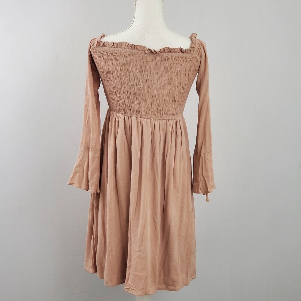LLove Tan Shirred Smocked Peasant Mini Dress Bell Sleeve Boho Cottagecore NWT S - Picture 5 of 8